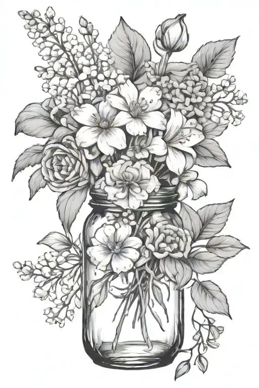 carnation, marigold, daisy, lily of the valley, larkspur in Mason jar tattoo design idea