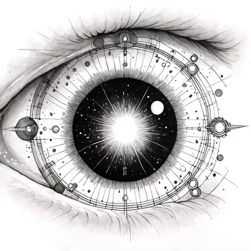 solar system inside the pupil of an eyeball black and white charcoal sacred geometry line drawing tattoo design idea