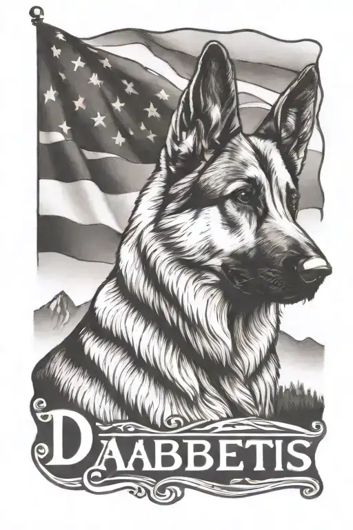 portrait of German shepherd wearing bracelet saying "diabetes" mountain scene American flag tattoo design idea