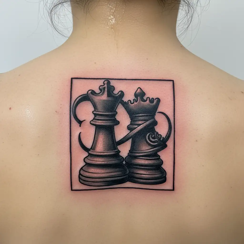 infinity sign with king and queen chess pieces tattoo design idea