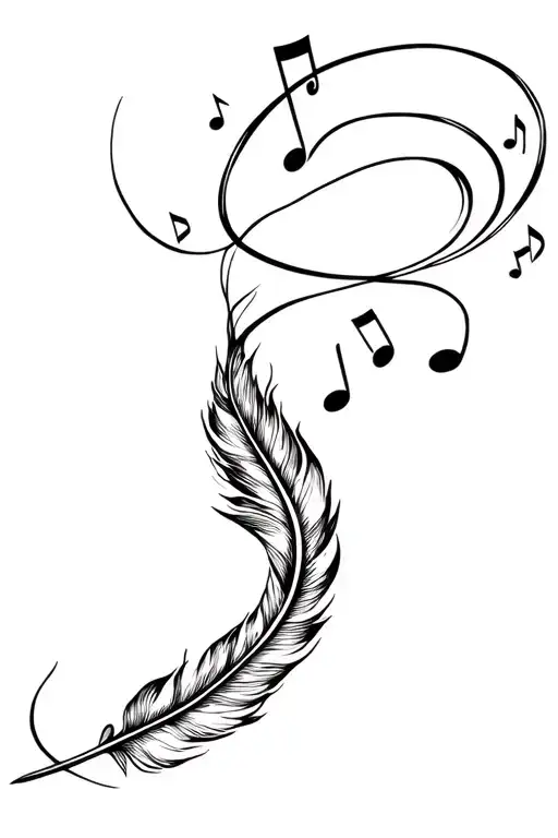 infinity feather and music notes flowing tattoo design idea