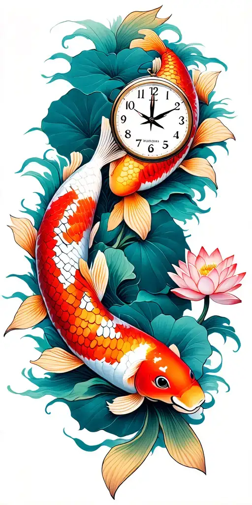 classic clock face with time of 21:52, surrounded by two colourful koi fish and two lotus flowers tattoo design idea