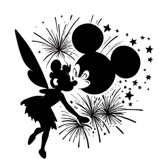 disney tinkerbell shooting small stars that go into fireworks Mickey Mouse shape fireworks tattoo design idea