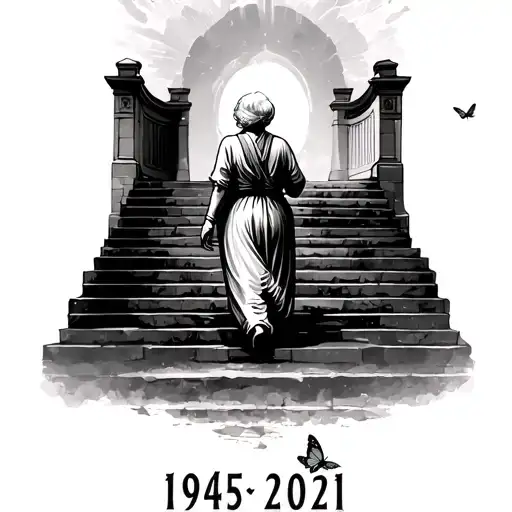 older lady walking up the stair case to heaven gates with a butterfly coming down and the years 1945 to 2021  tattoo design idea