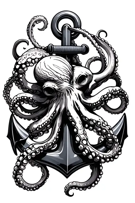 octopus around anchor intertwined with head to the right of anchor and tenticles wrapped around said anchor tattoo design idea