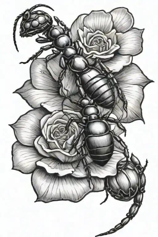 ant crawling out of a rose tattoo design idea
