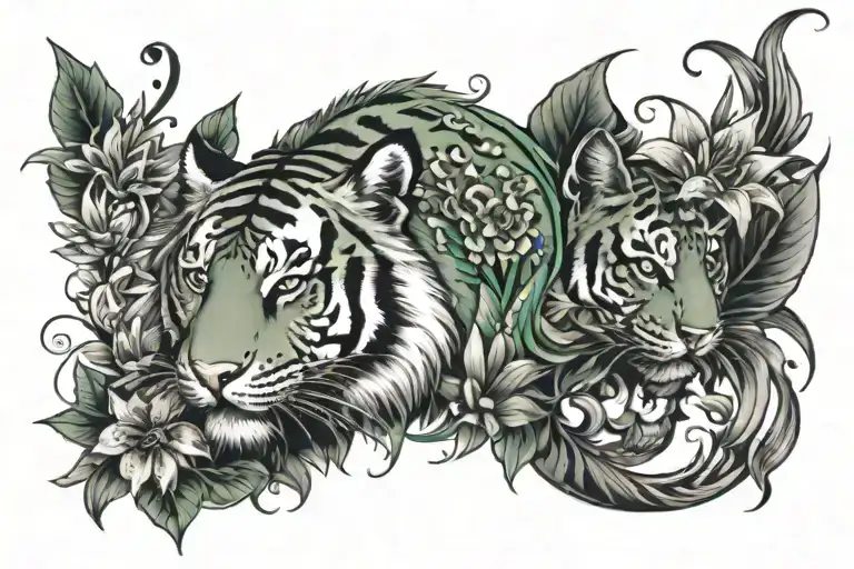tiger eyes green with lilys around it, on the back of forearm have lilys continuing from tiger and have a koi fish among tattoo design idea