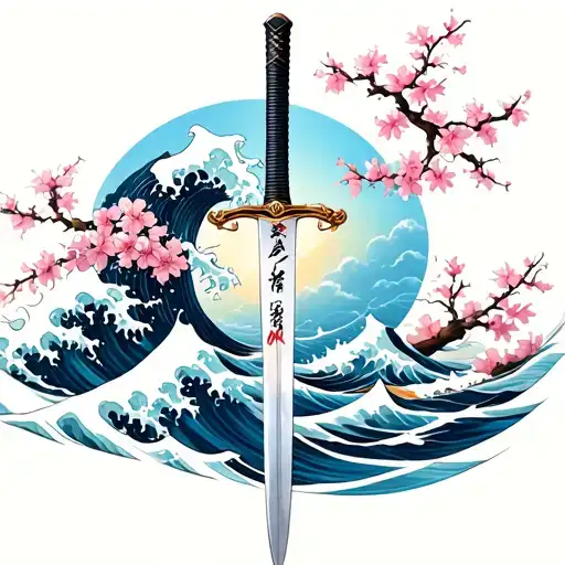 samurai sword in the middle surrounded by waves and cherry blossoms tattoo design idea