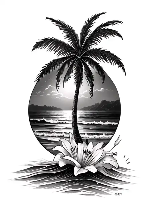 beach, waves crashing, palm tree, lily flower tattoo design idea