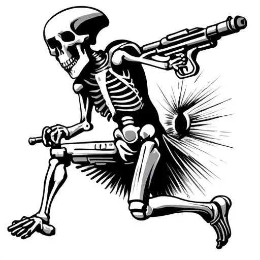 skelton runnig with ray gun tattoo design idea