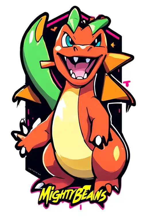 90s kid theme involving mighty beans, Charizard, reptar, Dreamcast , sega genesis graffiti style for background  tattoo design idea