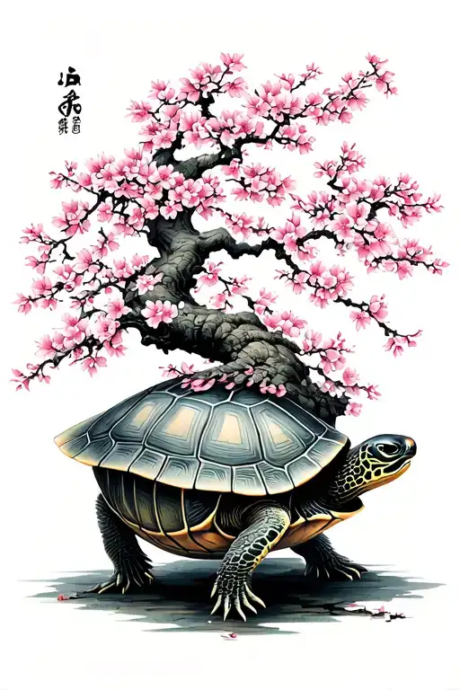 turtle, bonsai neo Japanese cherry blossom tree tattoo design idea