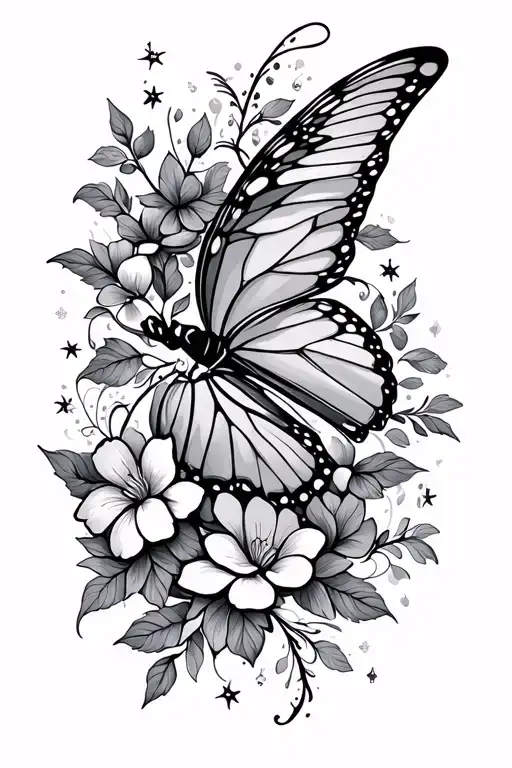 A delicate line art butterfly intertwined with vines and flowers with sparkles tattoo design idea
