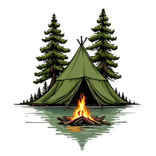 ponderosa pine tree with green canvas tent and a campfire along a river tattoo design idea