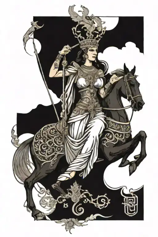 Front view of a classical-style Priestess with a staff of command in her hand on a chariot with mystical symbols,  tattoo design idea
