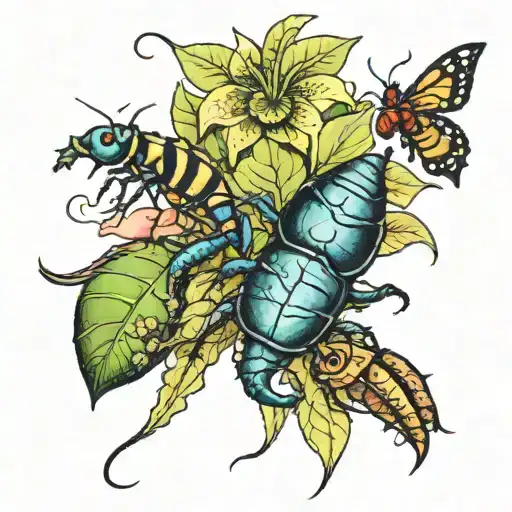 a tattoo sleeve with a venus-flytrap centipede, Hercules beetle, scorpion, and a moth  tattoo design idea