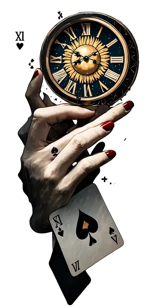 Different clocks, sun, playing cards forming the shape tattoo design idea