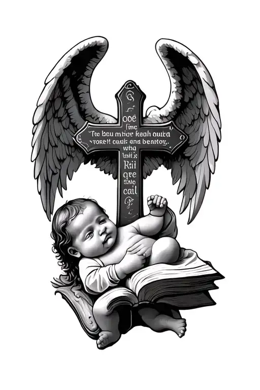 angel baby with a cross in the middle with a Bible verse  tattoo design idea