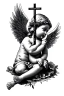 angel baby with a cross in the middle with a Bible verse  tattoo design idea