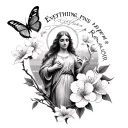 Virgin, 2 cherry blossoms, a butterfly and a phrase "Everything Happens for a Reason" tattoo design idea