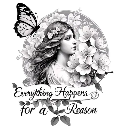 Virgin, 2 cherry blossoms, a butterfly and a phrase "Everything Happens for a Reason" tattoo design idea