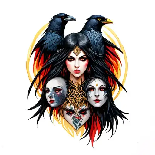 Goddes Morrigan with a Crow, sprear and three faces tattoo design idea