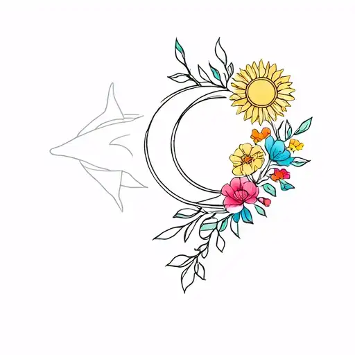 collar bone and shop tattoo with fine line vines wrapping around and colorful flowers and the sun and moon tattoo design idea