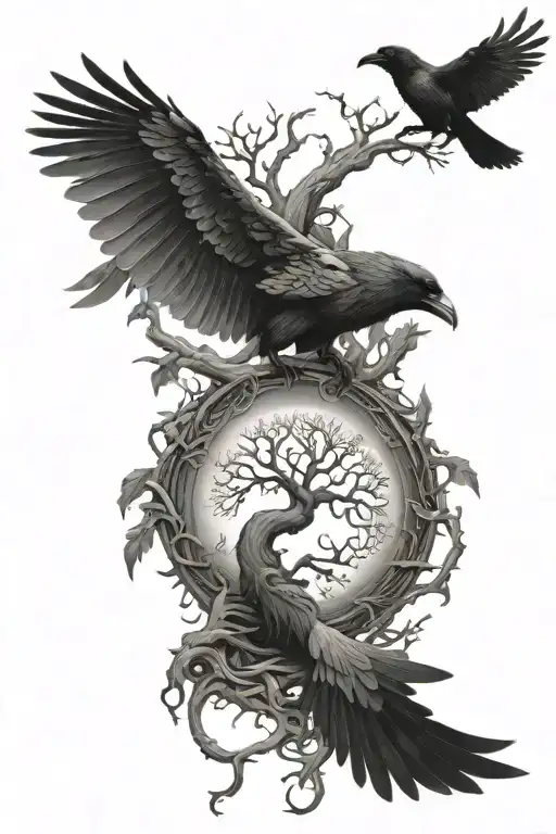 yggdrasil with 2 ravens Huginn and Muninn tattoo design idea