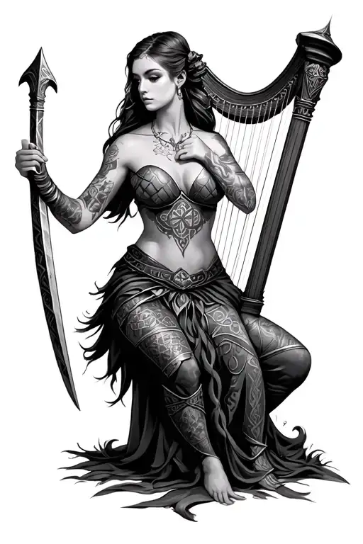Female Celtic Warrior Playing Irish Harp with scottish claymore resting beside her  tattoo design idea