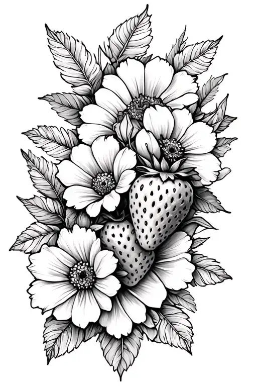 Create a floral and strawberry tattoo that covers the inside and outside of the upper arm tattoo design idea