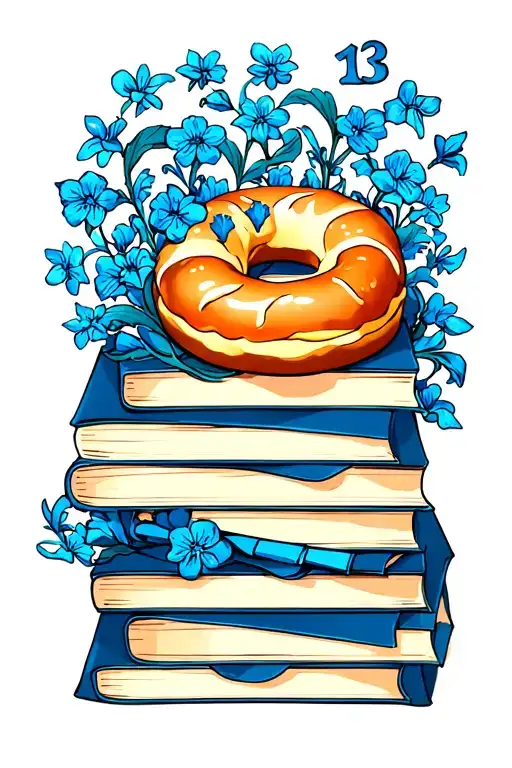 book stack of 13 with  blue flowered vines curling around, and a coffe and buttery bagel tattoo design idea
