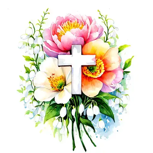 Snow drop, lily of the valley, cosmos, peony around a cross tattoo design idea