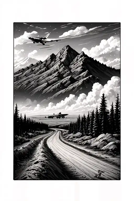 forrest,  winding dirt with roads with dust cloud, start markers, mountains in distance, aircraft hanger in the distance tattoo design idea