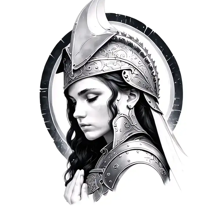 blace and white Spartin woman in armor in prayer tattoo design idea