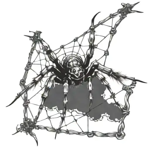 A gothic cybersigilism spider crawling on a barbed wire fence tattoo design idea