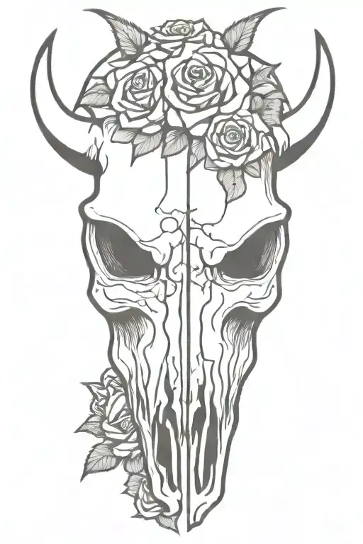 Bull Skull with roses tattoo design idea
