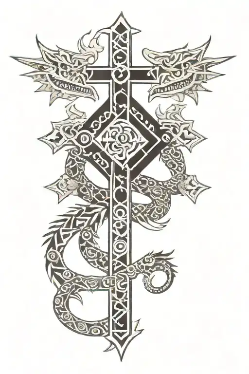 Aztec dragon wrapping around a cross  tattoo design idea