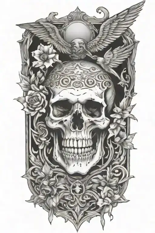 Design a tattoo that symbolizes the rebellious spirit of Böhse Onkelz through a collection of images that appear to be breaking out of a traditional picture frame tattoo design idea
