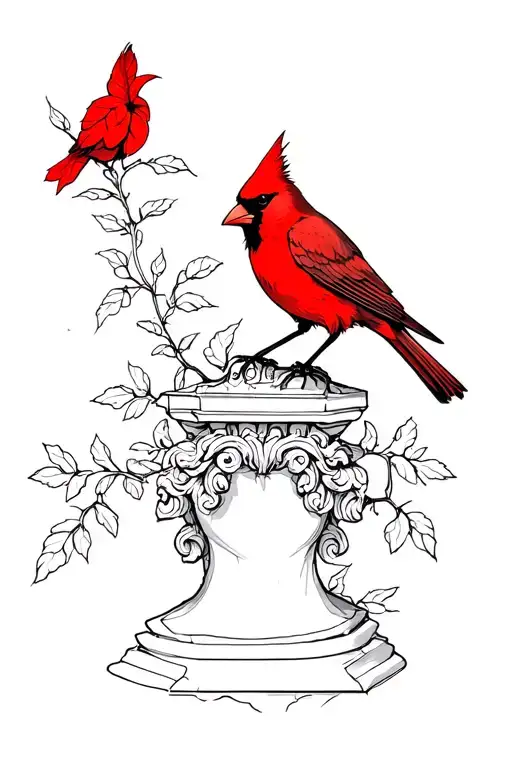 broken Greek statue,vines,red cardinal bird tattoo design idea