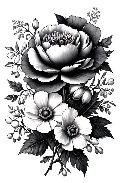 carnations, violets, Lilly of the valley, poppy, cosmos, peony, holly tattoo design idea
