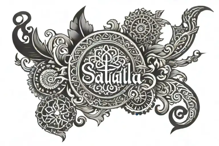 Create tattoo designs of the name Sathaluxmy translated into Sanskrit language, it will be on the forearm tattoo design idea