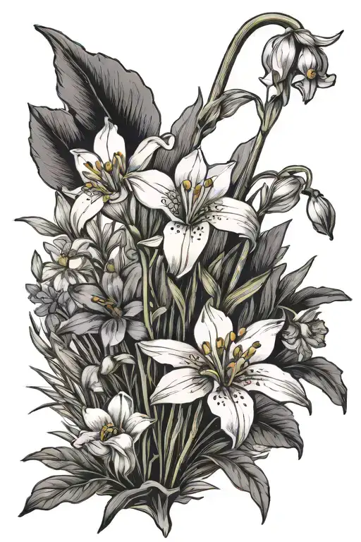 snowdrop, iris, daffodil, morning glory, rosemary, Chrysanthemum tattoo design idea