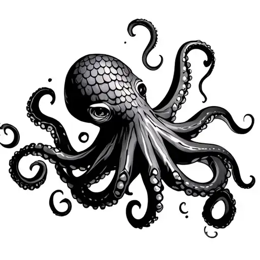 octopus wrapping its tentacles around arm, the arm has fish scales  tattoo design idea