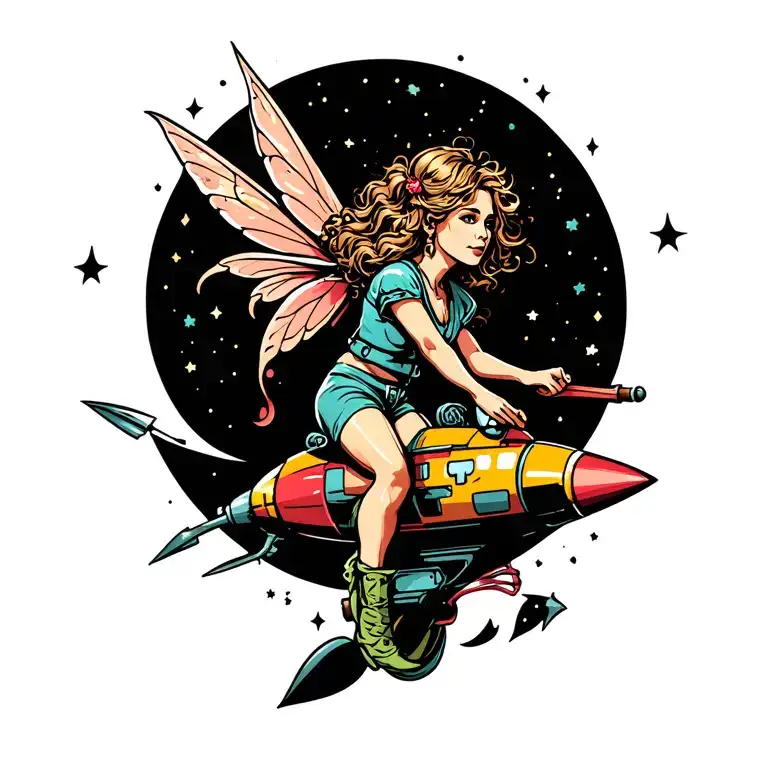 fairy riding on a rocket ship tattoo design idea