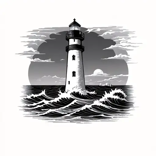 lighthouse with waves tattoo design idea