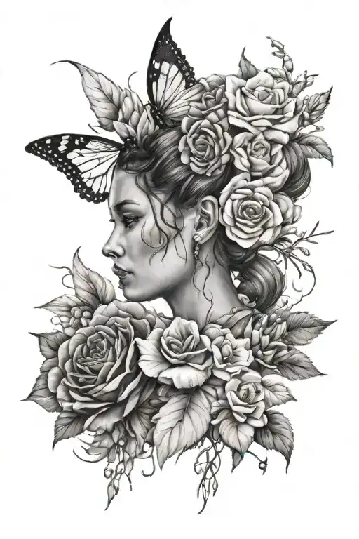 portrait with flowers realestic tattoo design idea