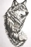 wolf and  mountains and trees tattoo design idea
