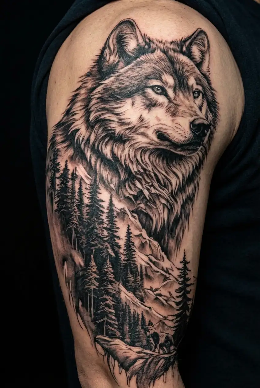 wolf and  mountains and trees tattoo design idea
