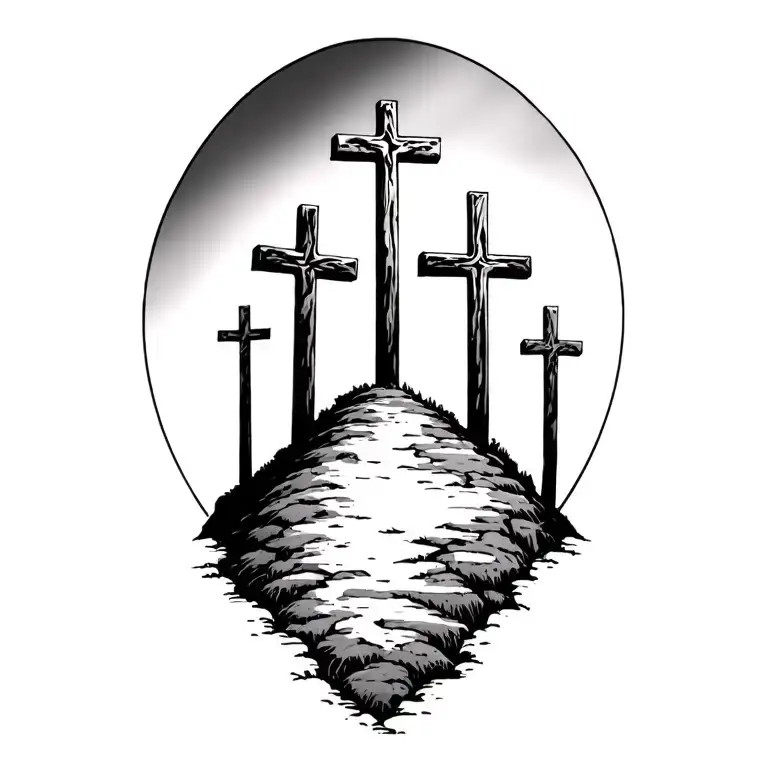 3 crosses on a hill with empty tomb stone tattoo design idea