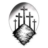 3 crosses on a hill with empty tomb stone tattoo design idea